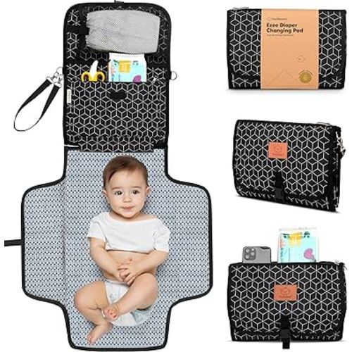 KeaBabies Portable Diaper Changing Pad - Waterproof Travel Changing Mat for Baby, Foldable Diaper Clutch, Detachable Baby Travel Diaper Mat for Diaper Changing Station, Diaper Change Mat (Black Geo)