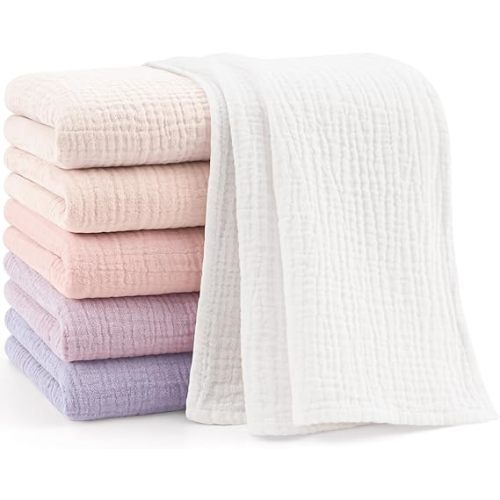 Bearmoss 6 Pack Large Muslin Burp Cloths, 100% Cotton Soft Baby Burping Cloths for Boy, Girl, 23.6" X 23.6" Absorbent Milk Spit Up Rags, Newborn Essentials (Pink Purple)