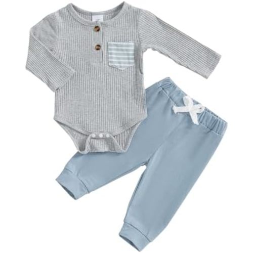 fhutpw Baby Boy Clothes 3 6 12 18 Months Ribbed Knitted Long Sleeve Romper and Pants Sets Newborn Fall Splicing Color Outfits