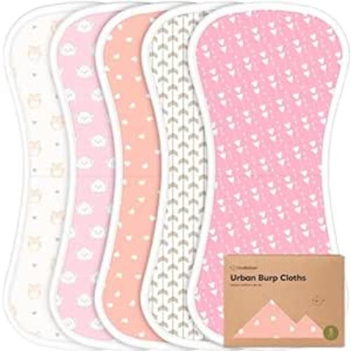Organic Burp Cloths Baby Boy & Girl - 5-Pack Super Absorbent Cotton Burping Cloths for Babies, Soft & Plush Newborn Spit Up Rags, Infant Towels for Milk Spit Up, Unisex,Large 21" x 10"(Pink Dreams)
