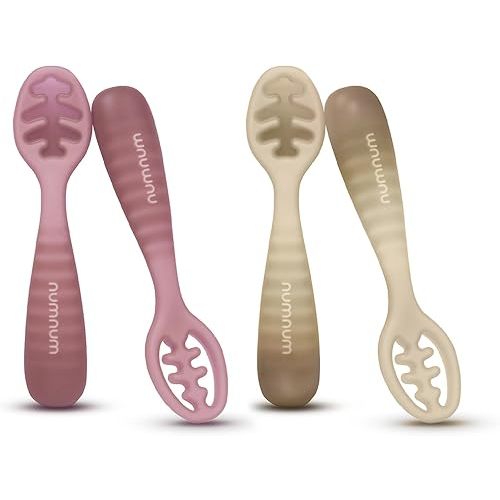 NumNum Baby Spoons Set, Baby Essentials Pre-Spoon GOOtensils for 12+ Months, First Stage Self-Feeding Spoons for Baby Led Weaning (BLW), Silicone Toddler Utensils, BPA-Free, 4 Pack Beige/Mauve