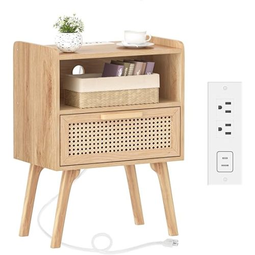 Lerliuo Rattan Nightstand with Charging Station, Boho Night Stand with Handmade Natural Rattan Drawer and Open Shelf, Cane Accent Side End Tables with Solid Wood Legs for Bedroom, Dorm, Small Spaces