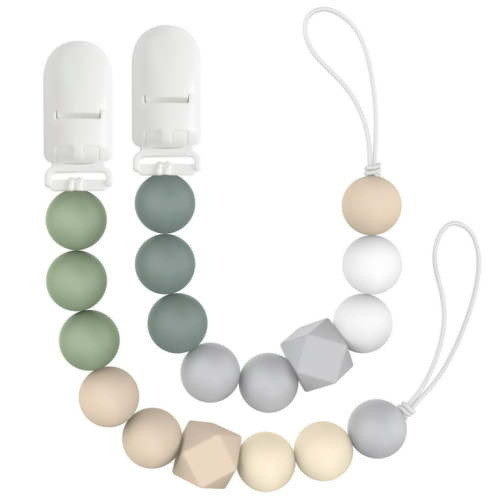 InnOrca Pacifier Clip Holder with One Piece Design, 100% Silicone Pacifier Strap with Clip Keeps Pacifiers, Teethers & Small Toys in Place, Teething Relief Toy for Baby, 2pcs (Dark Green, Bluish Grey)