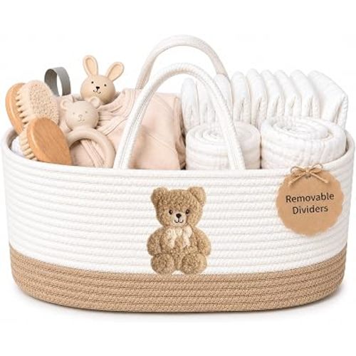 Baby Diaper Caddy Organizer, Teddy Bear Cotton Rope Nursery Basket