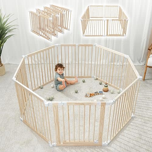 Comfy Cubs Baby Gate Playpen - 57 x 57 x 25 in, Extends Up to 228” - Pine Wood Foldable Playpen with Child-Proof Lock - Easy Assembly Baby Fence Play Area for Babies & Toddlers - Light Wood White