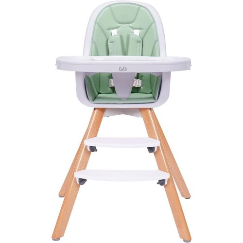 3-in-1 Baby High Chair, Wooden High Chair/Convertible High Chair/Booster Seat with Double Removable Tray, 5-Point Harness, PU Cushion and Footrest, High Chairs for Babies and Toddlers, Green