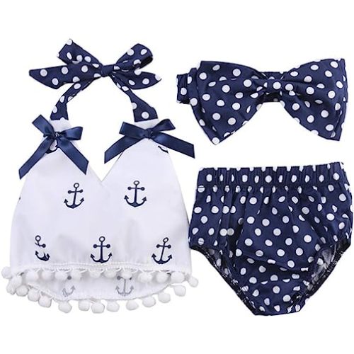 Infant Baby Girls Clothes Anchor Tops+Polka Dot Briefs Outfits Set Sunsuit 0-24M (6-12 Months, Blue)
