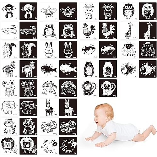 25 PCS Baby Visual Stimulus Cards, Double-Sided High Contrast Black and White Flashcards Sensory Developmental Montessori Cards Set for Newborn Boy Girl Baby 0-3 Months Tummy Time (5.5” X 5.5”)