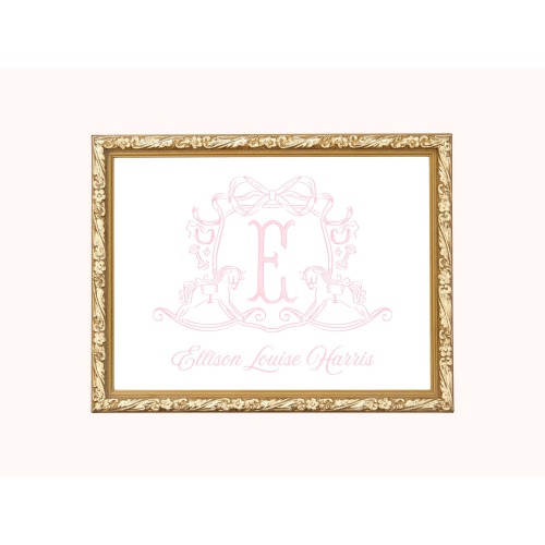 Rocking Horse Monogram Crest Nursery Wall Art, Grandmillennial Nursery, Classic Pink Nursery Print, Baby Name Above Crib Decor Girl Room