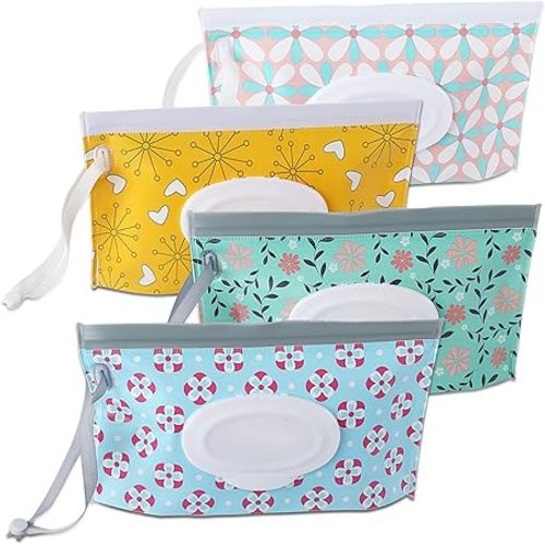 FEBSNOW 4 Pack Baby Wipe Dispenser,Portable Refillable Wipe Holder,Baby Wipes Container,Wipe Dispenser,Reusable Travel Wet Wipe Pouch(Floral) - PatternB