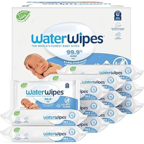 WaterWipes Plastic-Free Original Baby Wipes, 99.9% Water Based Wipes, Unscented & Hypoallergenic for Sensitive Skin, 60 Count (Pack of 12), Packaging May Vary