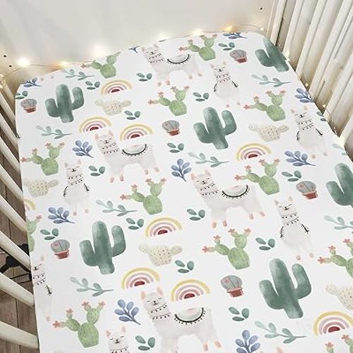 Boho Llama Baby Crib Sheets for Boy Girl 52x28Inch Alpacas Cactus Leaves Rainbow Soft Stretchy Fitted Crib Mattress Cover Wild Desert Animal Baby Sheet for Standard Crib & Toddler Bed Mattress