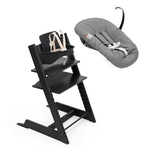Stokke Tripp Trapp High Chair 2 with Newborn Set and Tray, Black/Anthracite | Includes Chair, Newborn Set, Removable Harness, Tray, Ages 0-36 Months, Solid Wood, Adjustable 5-Point Harness