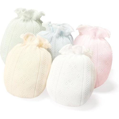 MOMSMENU Newborn Mittens No Scratch 100% Cotton 5 Packs Anti-Scratch Soft Breathable 0-6months Stays On