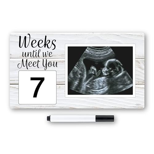 Brothers Bench Weeks Until We Meet You Magnetic Ultrasound Picture Frames, Rustic Sonogram Picture Frame, Farmhouse Nursery Decor, Baby Keepsake Pregnancy Gifts, with Protective Frame & Marker