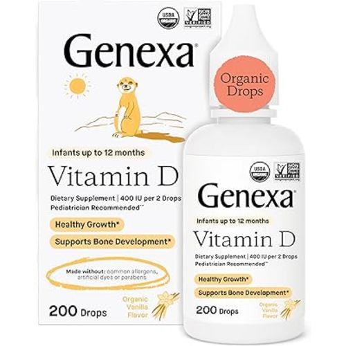 Genexa Infants Vitamin D Liquid Drops for Newborn, Baby & Toddler | Supports Growth & Bone Development | Delicious Organic Vanilla Flavor | Certified Organic, Gluten Free, & Non-GMO | 90 Servings