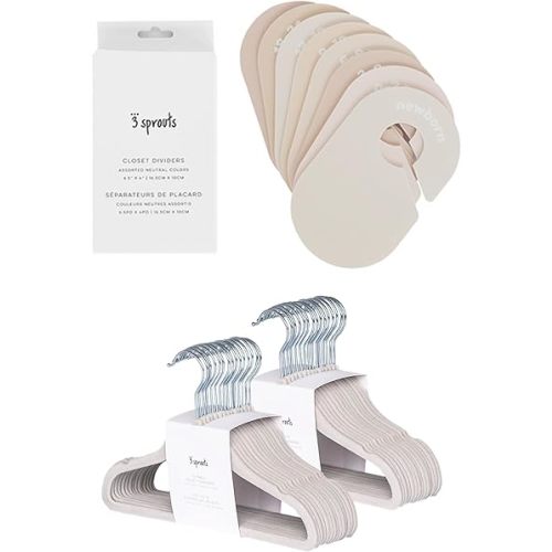 3 Sprouts Closet Dividers & Hangers Bundle - 8 Baby Size Dividers (Neutrals) and 30 Velvet Hangers for Baby Clothes (Gray)