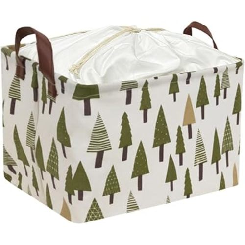 Rectangular Canvas Storage Bins,Waterproof Storage Basket with Lid,Collapsible Toy Organizer Bin with Handles for Clothes Storage, Kid's Toy Box,Book Bag (Green trees)