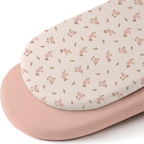Mi Flor Muslin Bassinet Sheets – 2 Pack Cotton Bassinet Sheets for Boys & Girls,100% Cotton Crinkle Muslin, Fitted Bassinet Sheet for Oval, Rectangle & Hourglass – 16x32x4 Bassinet Mattress Sheets
