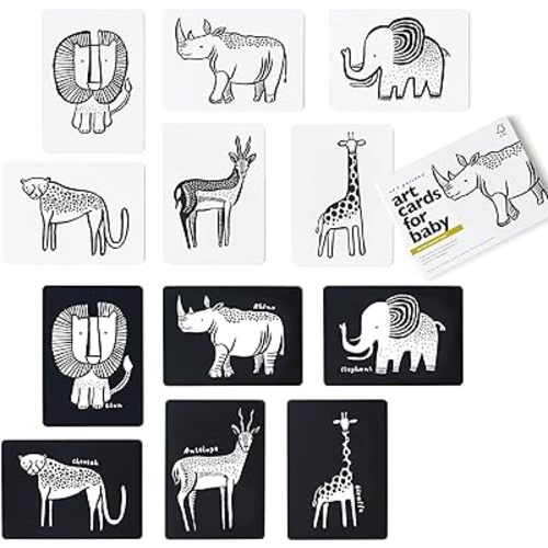 Wee Gallery Black and White Animal Art Cards for Babies, Durable High Contrast Vision Cards, Brain Development Educational Learning Tool for Newborn, Infant, Baby, Toddler - Safari Animals