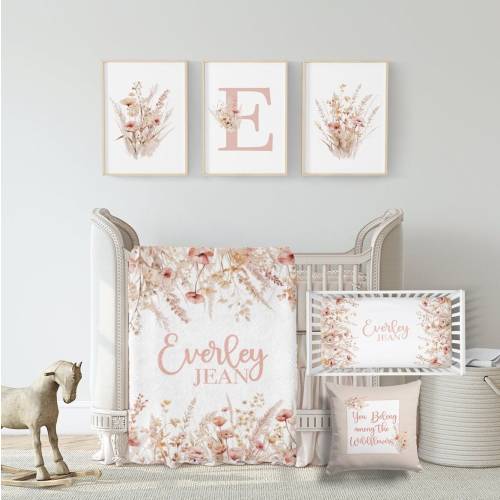 Baby Girl Boho Wildflower Crib Bedding Set - Wildflower Nursery Bedding Set- Neutral Floral Bedding Set- Personalized Nursery Bedding- 908