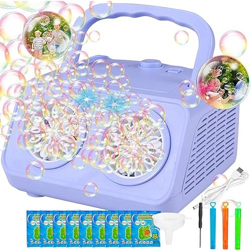 SHCKE Automatic Bubble Machine Upgrade Bubble Blower with 2 Fans, 20000+ Bubbles Per Minute Bubbles for Kids Portable Bubble Maker Operated by Plugin or Batteries for Indoor Outdoor Birthday Party