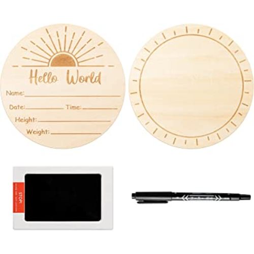 R HORSE Baby Birth Announcement Sign with Marker Pen, Wooden Baby Birth Sign with Ink Pad for Baby Hand and Footprints, Double-sided Boho Sun Newborn Announcement Sign for Baby Shower Keepsakes