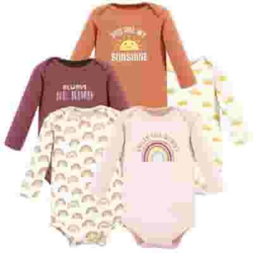 Hudson Baby Infant Girl Cotton Long-Sleeve Bodysuits, Sunshine Rainbows 5-Pack, 3-6 Months