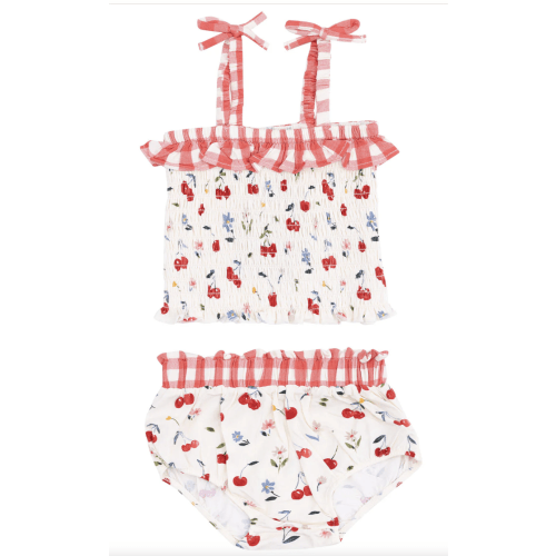 Smocked Ruffle Top & Bloomer, Watercolor Cherries + Gingham – SpearmintLOVE