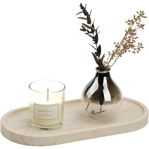 Koville Turkish Natural Travertine Tray, 12"x6" Vanity Decorative Marble Tray for Countertop Organizer, Catchall Tray for Perfume, Candles, Jewelry Dish Tray