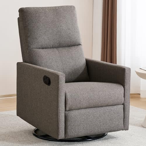 Ketaiyou Swivel Rocking Recliner Chair for Adults, Rocker Nursery Glider Chair for Living Room Bedroom, Upholstered Fabric Reclining Single Sofa Chair(Grey)