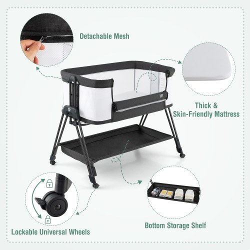 Costway Baby Bedside Sleeper Bassinet with Wheels & Storage Tray - 38'' x 22''x 28''-34'' (L x W x H)