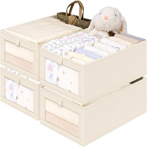 Criusia Linen Closet Organizers and Storage, 4 Pack Linen Closet Baskets with Mesh Window for Organization, Foldable Closet Organizer for Clothing, Towels, Toys, Nursery, Books, Shelves, Beige