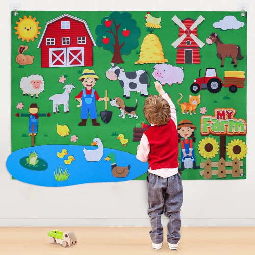 Farm Animals Felt Story Board Set, 3.5 Ft Toddlers Preschool Farmhouse Themed Early Learning Storytelling Flannel Board - Barnyard Domestic Livestock Interactive Play Kit for Boys Girls