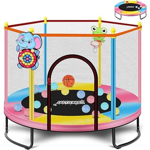 Pink Indoor Trampoline for Kids 2-5, 5ft Mini Indoor & Outdoor Small Toddler Trampoline with Net and Basketball Hoop