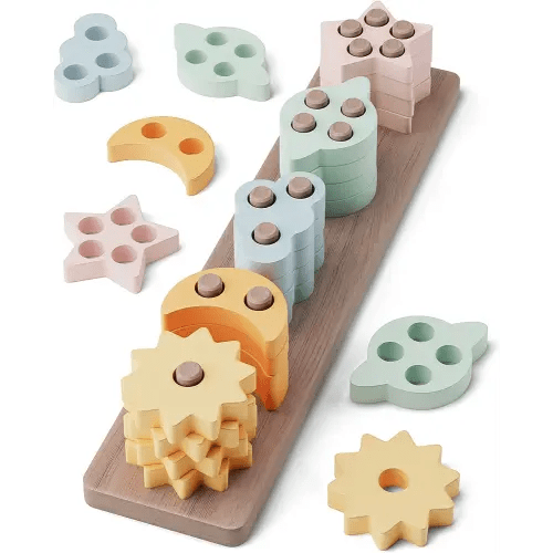 GOPO TOYS Montessori Toys for 18+ Months Old - Toddlers Wooden Sorting and Stacking Toys for Baby Boys and Girls - Shape Sorter and Color Stacker Preschool Kids Wood Gifts