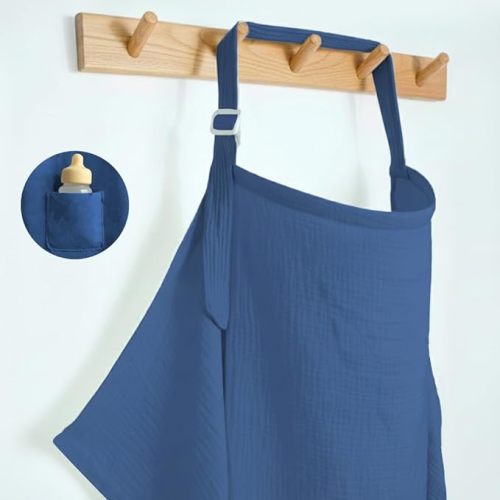 Muslin Nursing Covers for Breastfeeding, Arch Neckline Breast Feeding Covers for Women, Moms Privacy Breathable Summer Nursing Apron, 43.3" x 25.6" Soft Feeding Cover (Misty Blue)