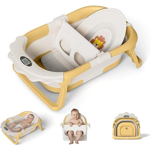MoreFeel Foldable Baby Bathtub with Thermometer - 4-in-1 Grow-with-Me Collapsible Infant Tub (Newborn to Toddler) with Adjustable Mesh Sling - Space Saving Design