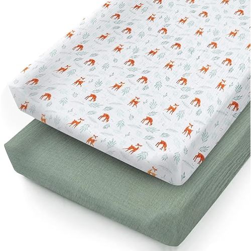 Muslin Changing Pad Cover for Baby Boy and Girl - Extra Soft 100% Cotton Diaper Changing Table Covers - 2 Pack Woodland and Sage Green Changing Pad Sheets
