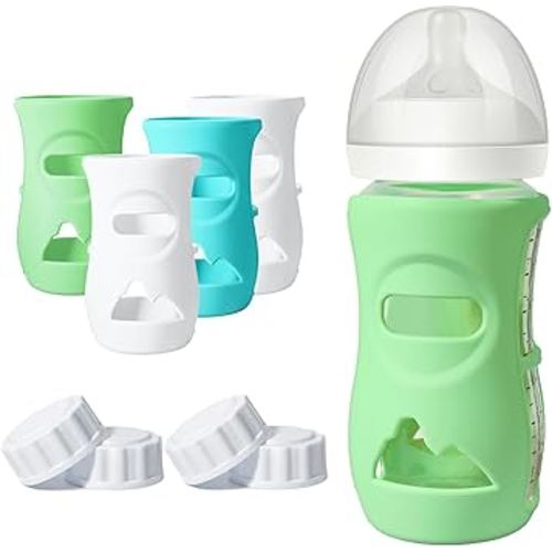 4 Pack Silicone Sleeves for Philips Avent Natural Glass Bottle, Food Grade Silicone Cover and 4pcs Travel Caps, Lids Replacement (2White+1Blue+1Green, 8oz)