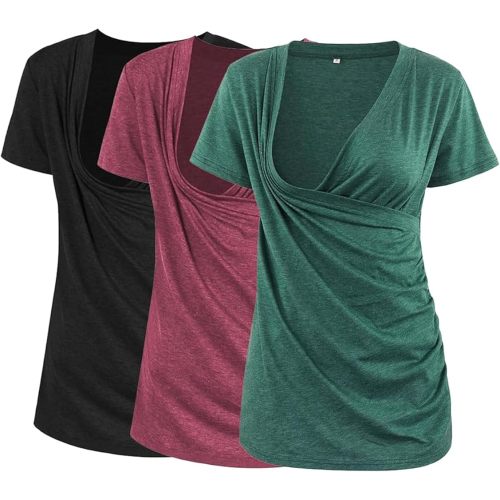 Liu & Qu Women's Maternity Nursing Tops, Layered Wrap for Breastfeeding, V-Neck Short Sleeve Tee Shirts 3 Packs