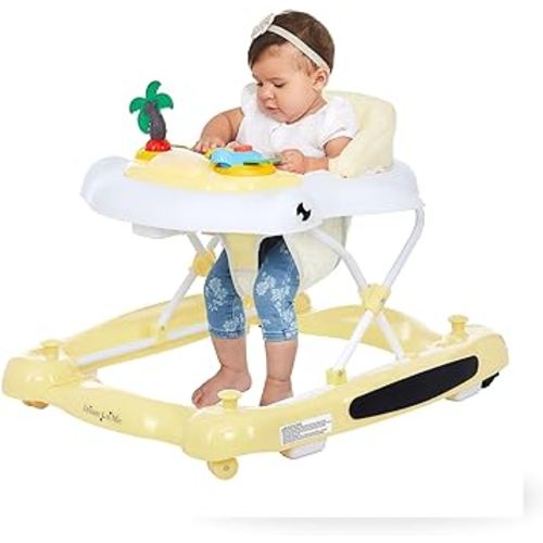2-in-1 Aloha Fun Baby Walker in Yellow, Easily Convertible Baby Walker, Adjustable Three Position Height Settings, Easy to Fold and Store