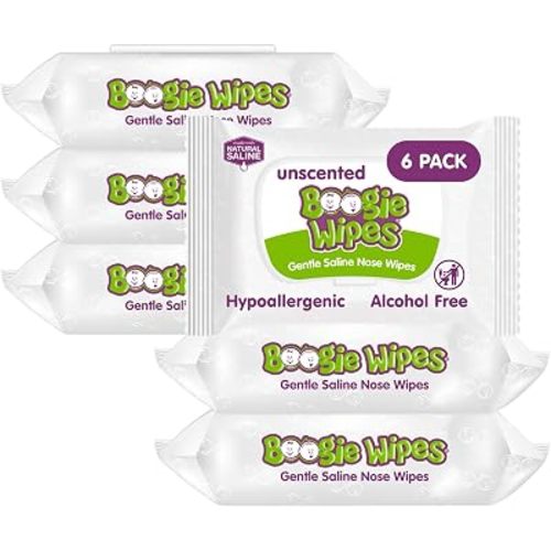 Boogie Wipes Gentle Saline Nose Wipes - 180 Count - Unscented, Hypoallergenic & Alcohol-Free - Made with Natural Saline, Aloe, Chamomile & Vitamin E - Diaper Bag Essential