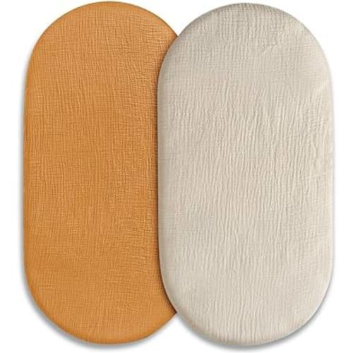 Muslin Bassinet Sheets 2 Pack for Baby Boy and Girl, Breathable Elastic Cozy Fitted Cotton Bassinet Mattress Sheet, Universal Fit for Hourglass Oval and Rectangle Bassinet Mattress (Elegant Colors)