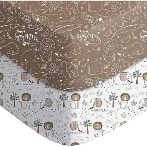 Baby Crib Sheets for Boys Girls Neutral, 2 Pack Crib Mattress Sheet for Standard Crib and Toddler Mattress, Super Soft Breathable Fitted Crib Sheet 52x28x8in (Brown Lion)