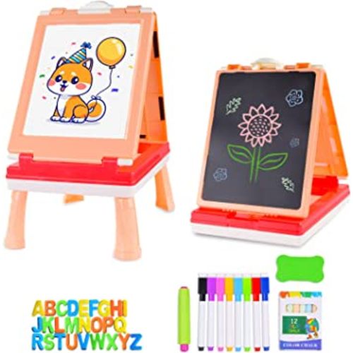 AyeKu Easel for Kids,Tabletop Easel for Toddler, Educational Toys Gifts for 3 4 5 6 7 Year Old Boys Girls -Comes with Chalkboard, Magnetic Whiteboard Letters and More (Pink)