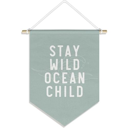 Kid Ocean Nursery Decor Stay Wild Ocean Child Banner Wall Hanging Canvas Blue Nautical Nursery Pennant Flag for Baby Boy Girl Toddler Kids Room Playroom Bathroom Beachy Room Decor, 15x11in