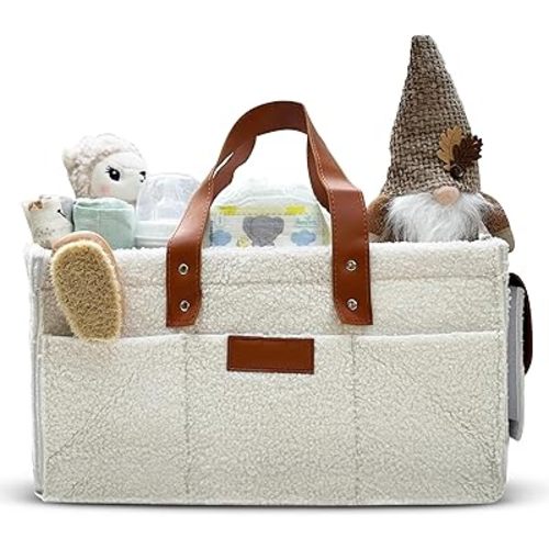 Baby Diaper Caddy Basket Organizer, Storage Bin for Diapers, Wipes, Gear, Cart for Baby Boy & Girl Cream Color, Teddy Fleece soft material, Great for Baby Registry and Nursery