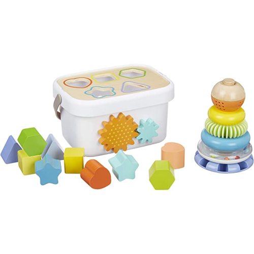 Amazon Basics Wooden Shape Sorter and Rainbow Stacker Classic Toy Set-Sorting Play For Infants Age 12M+, Multicolor