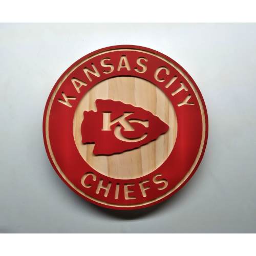 Kansas City Chiefs carved wood wall hanging sign (11" round hybrid painted/natural wood grain)